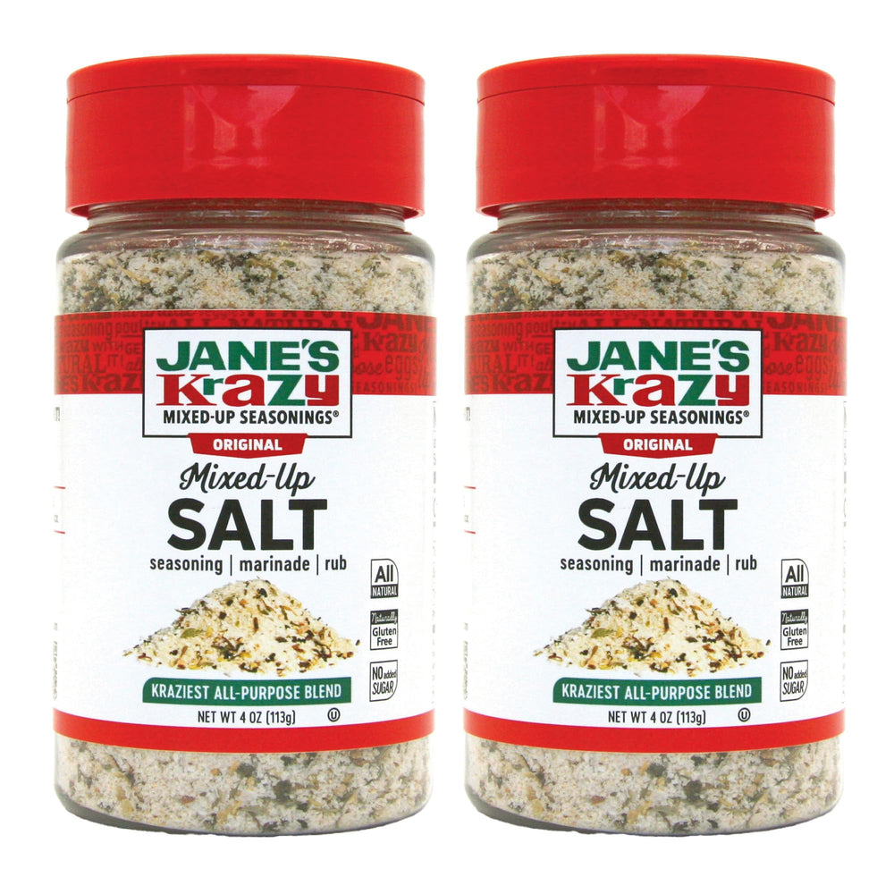 Jane's Krazy Mixed Up Salt front view, two-pack seasoning for meats and vegetables.