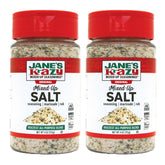 Jane's Krazy Mixed Up Salt front view, two-pack seasoning for meats and vegetables.