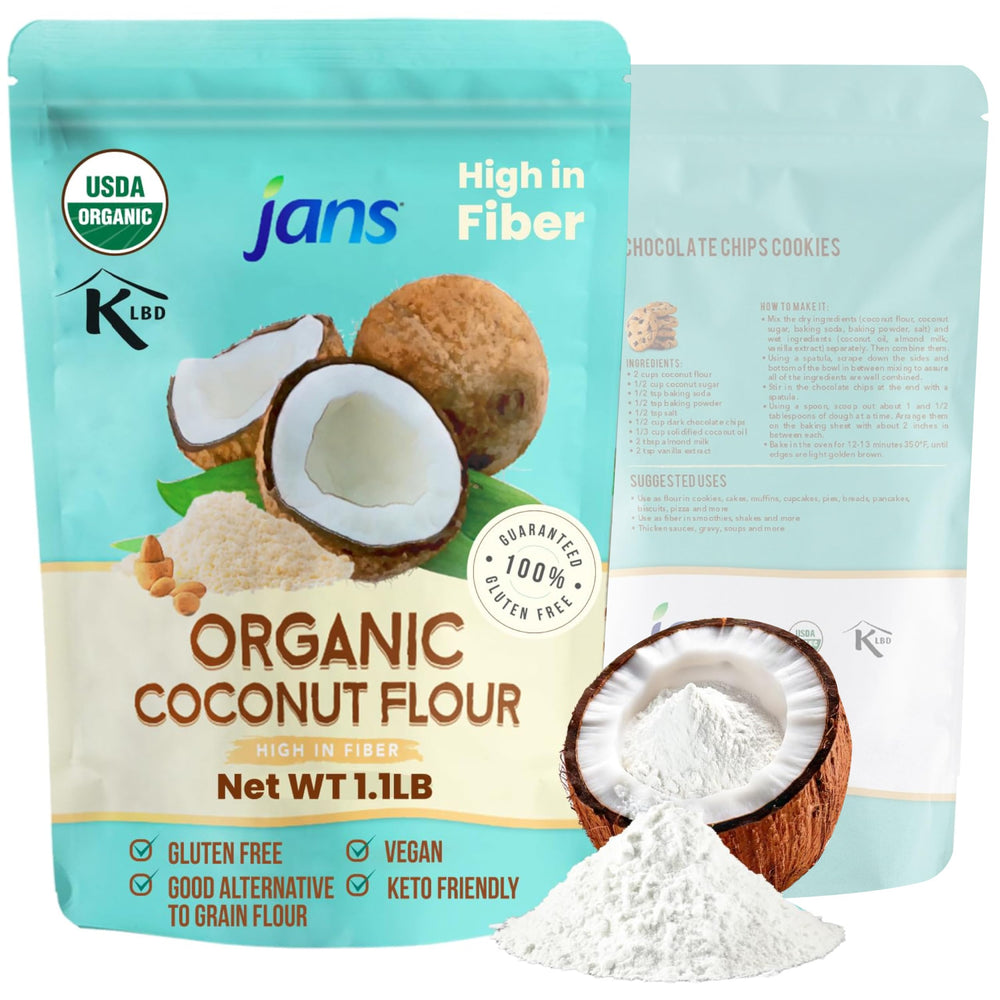 Jans Organic Coconut Flour bag ready for gluten-free baking.