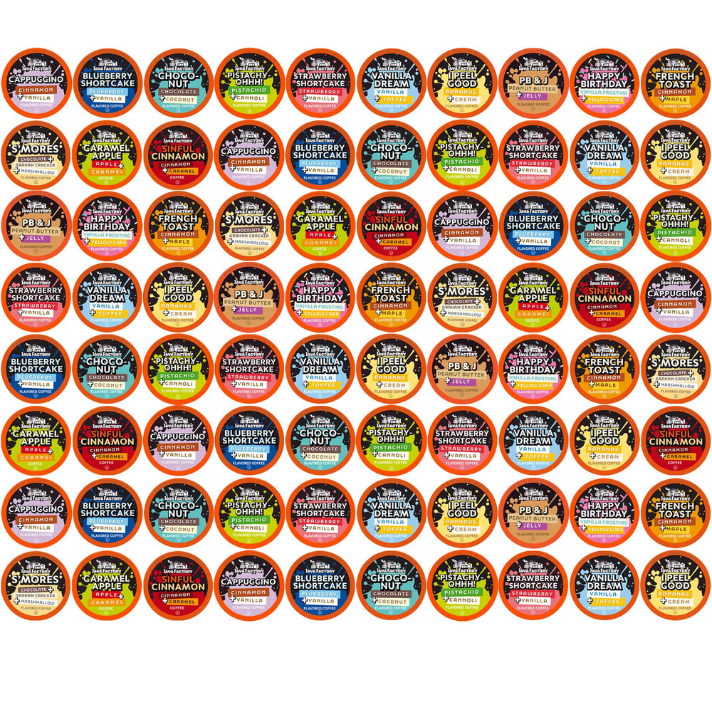 Java Factory assorted sampler box with 80 pods for convenient flavor variety.