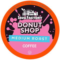 Java Factory Donut Shop Blend pods in a box for a smooth medium roast at home.