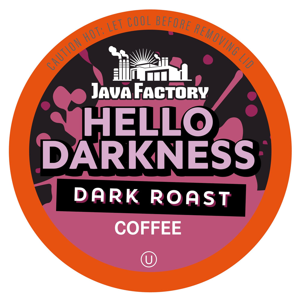 Java Factory Hello Darkness packaging highlights bold dark roast for quick, convenient brewing.
