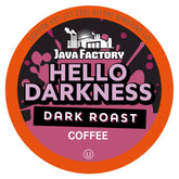 Java Factory Hello Darkness packaging highlights bold dark roast for quick, convenient brewing.