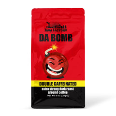 Java Factory Da Bomb Dark Roast packaging shows bold ground coffee for mornings