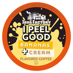 Java Factory i Peel Good Banana Cream coffee pod on a kitchen counter, creamy promise.