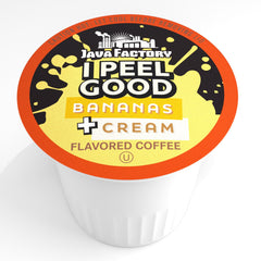 Java Factory K-Cup compatibility icon beside a coffee machine, easy brewing.