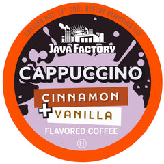 Java Factory vanilla cream cinnamon pod on box, quick Keurig morning brew