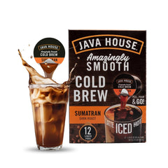JAVA HOUSE pod poured into hot water for quick hot brew convenience.