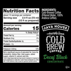 Java House decaf Colombian concentrate label closeup highlighting aroma.