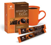 Javita Energy + Focus instant coffee box shows packaging for quick energizing routines