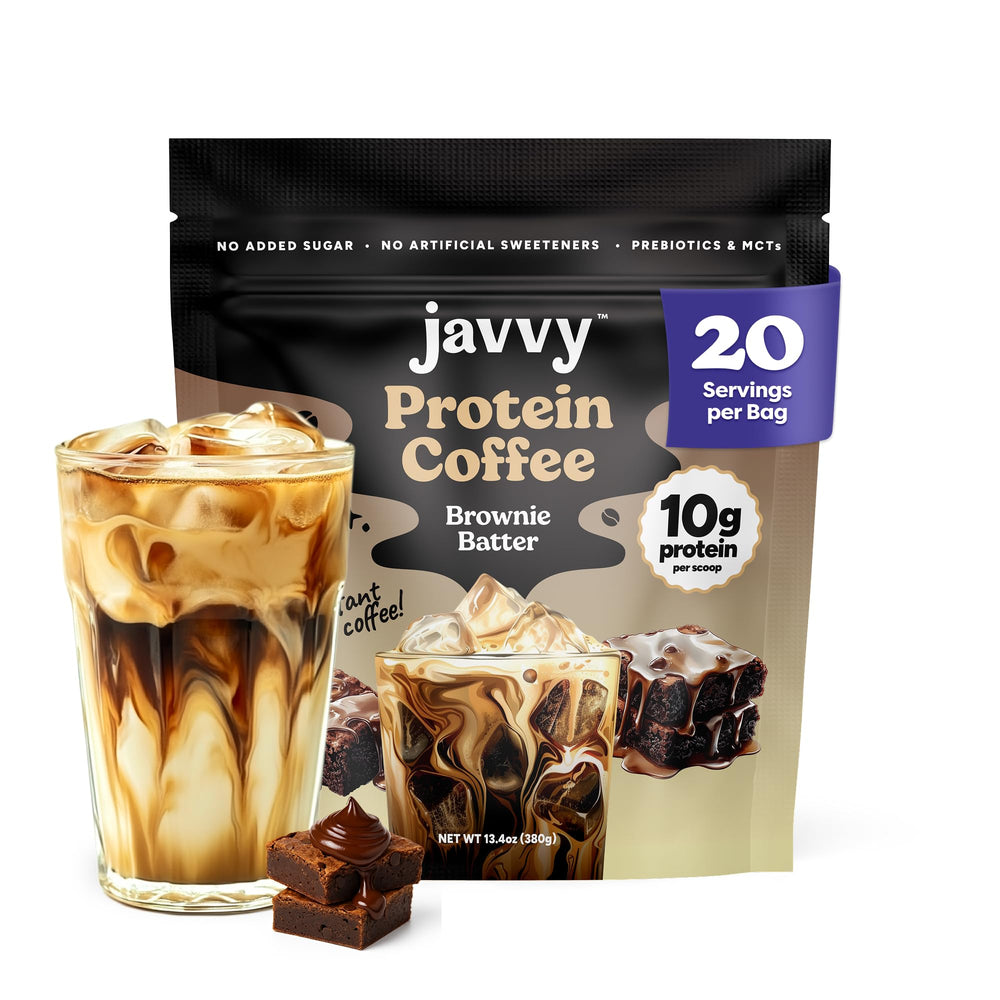 Javvy Brownie Batter Protein Iced Coffee hero shot conveys energy and flavor
