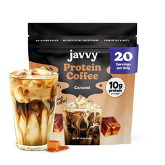 Javvy Caramel Protein Iced Coffee bottle, ready to drink for quick energy on the go.
