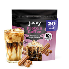 Javvy Cinnamon Sugar Churro Protein Iced Coffee bottle for on-the-go energy.