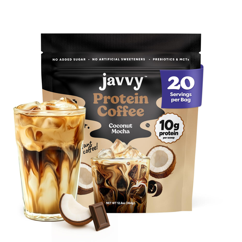 Javvy Coconut Mocha Protein Iced Coffee bottle ready to drink energy boost