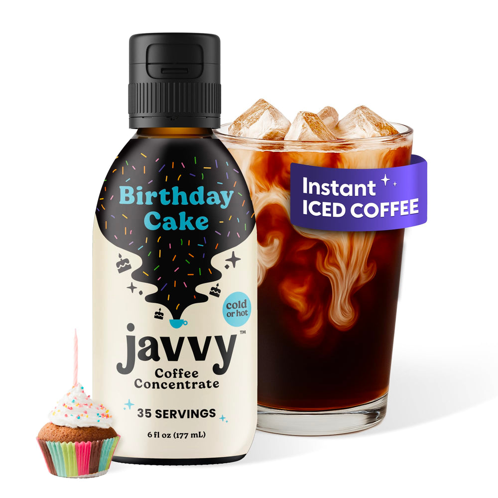 Javvy Coffee Concentrate Birthday Cake bottle showcases premium Arabica flavor