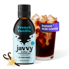 Javvy Coffee Concentrate bottle front highlighting premium arabica flavor for quick drinks.