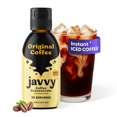 Javvy Coffee Concentrate bottle for quick hot or iced coffee at home.