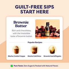 Javvy Brownie Batter concentrate beside a glass with iced coffee