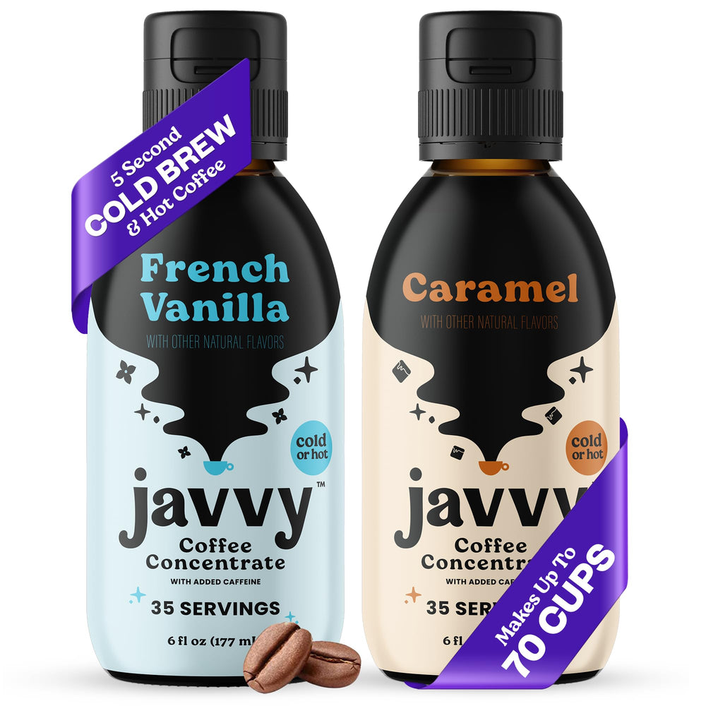 Javvy Coffee Concentrate Bundle in vanilla flavor shown in a glass for smooth iced or hot coffee.