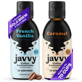 Javvy Coffee Concentrate Bundle in vanilla flavor shown in a glass for smooth iced or hot coffee.