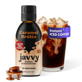 Javvy Caramel Brulee bottle highlighting premium Arabica aroma for home brewing.