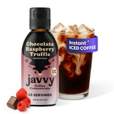 Javvy Coffee Concentrate Chocolate Raspberry Truffle bottle, smooth Arabica flavor for hot or cold brews.