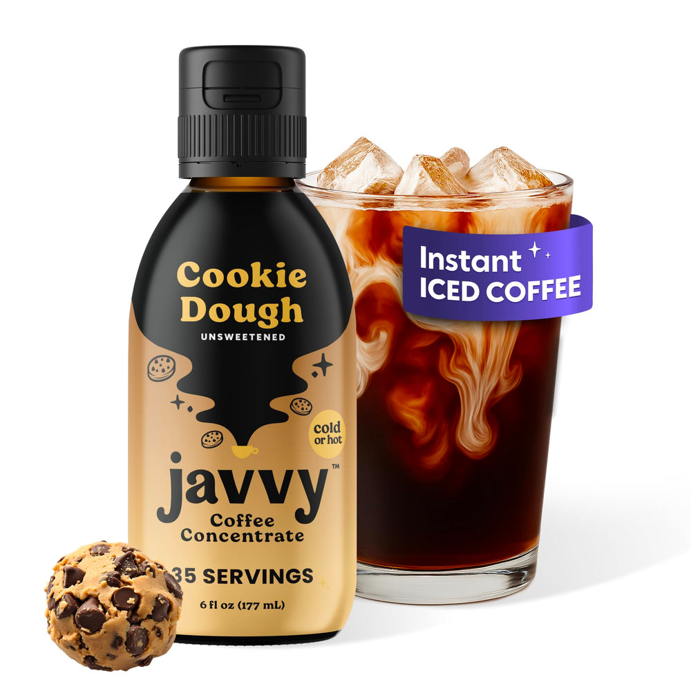 Javvy Coffee Concentrate Cookie Dough bottle for quick cold brew at home.