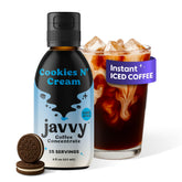 Javvy Cookies N’ Cream coffee concentrate bottle for rich, smooth hot or cold brew