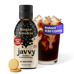 Javvy Sugar Cookie coffee concentrate bottle shows premium Arabica flavor for hot or cold drinks.
