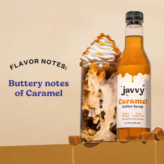 Javvy Coffee Syrup Caramel closeup on the label highlighting vegan ingredients.