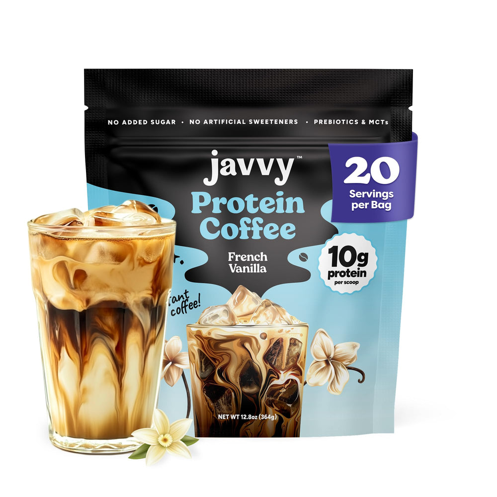 Javvy French Vanilla Protein Iced Coffee label close-up highlighting natural ingredients