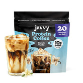 Javvy French Vanilla Protein Iced Coffee label close-up highlighting natural ingredients