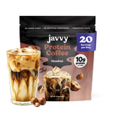 Javvy Hazelnut Protein Iced Coffee bottle with natural ingredients and protein boost.