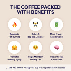 Javvy single-serve protein coffee packet ready to mix for a quick beverage.