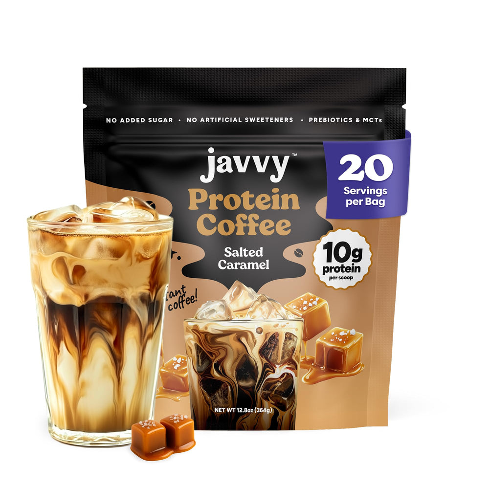 Javvy Salted Caramel Protein Iced Coffee bottle for on the go energy and protein support.