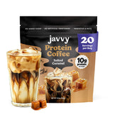 Javvy Salted Caramel Protein Iced Coffee bottle for on the go energy and protein support.