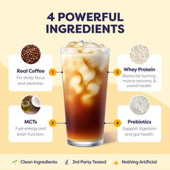 Glass with ice and Javvy Tiramisu Protein Iced Coffee on a table
