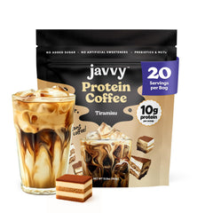 Javvy Tiramisu Protein Iced Coffee packaging shown for on-the-go convenience