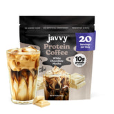 Javvy White Chocolate Mocha Protein Iced Coffee cup with protein-enriched cold brew.