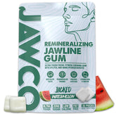 JAWCO Watermelon remineralizing gum pack view promotes daily remineralizing chew for oral balance.