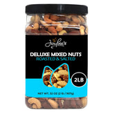 Jaybee's Mixed Nuts Deluxe jar front, premium roasted and salted variety for a quick, satisfying snack.