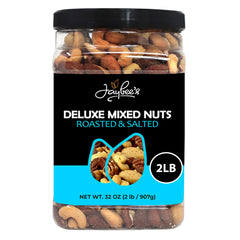 Jaybee's Mixed Nuts Deluxe jar front, premium roasted and salted variety for a quick, satisfying snack.