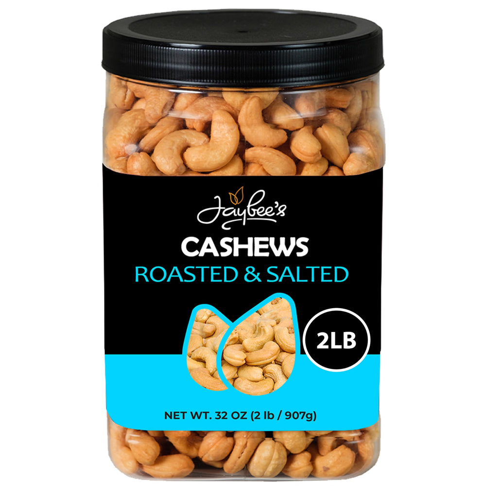 Jaybee's Roasted Salted Cashews jar close-up, showcasing a protein-rich snack option