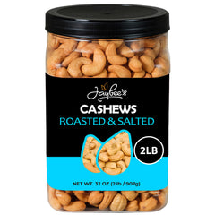 Jaybee's Roasted Salted Cashews jar close-up, showcasing a protein-rich snack option