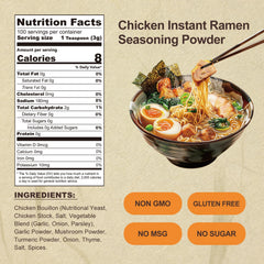 Jayuss ramen seasoning powder pack back shows ingredients and sodium info for mindful cooking.