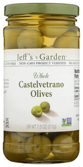 Jeff's Garden Castelvetrano olives in a jar with mild brine, ideal for antipasti.