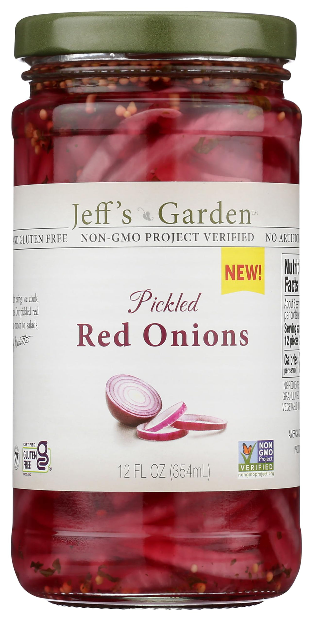 Jeff's Garden Pickled Red Onions jar front shows vibrant slices for sandwiches.