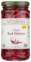 Jeff's Garden Pickled Red Onions jar front shows vibrant slices for sandwiches.