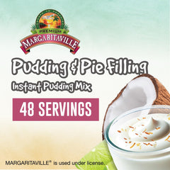 Margaritaville pudding dry mix packet indicating four servings for easy tropical treats