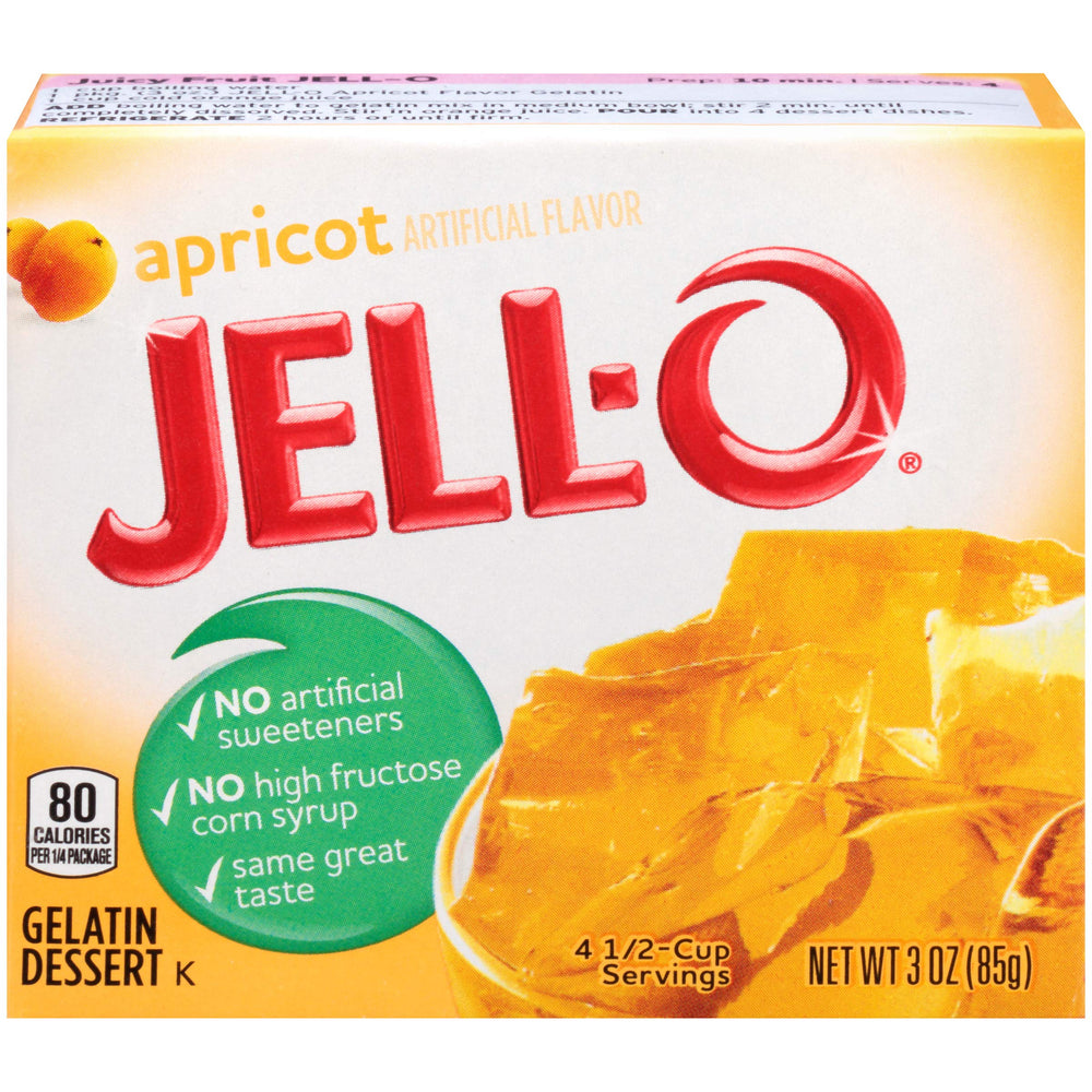 Jell-O Apricot Gelatin Mix box shows a quick colorful dessert base